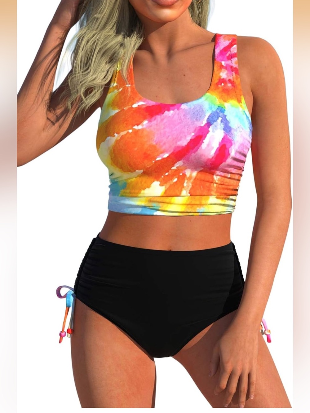 Tie-Dye Crop Tank Two-Piece Swim Set - Multicolor